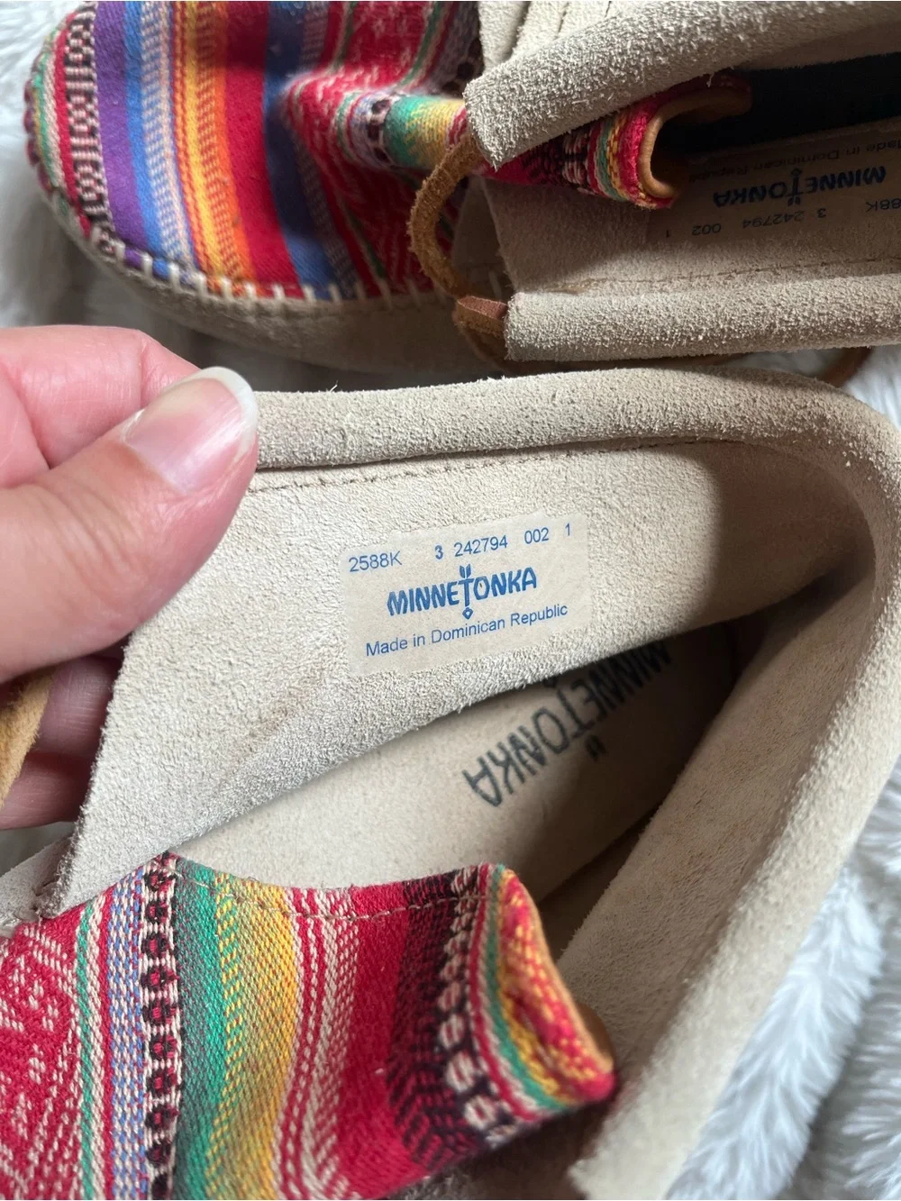 Minnetonka Beige Suede Moccasins with Multicolor Woven Toe